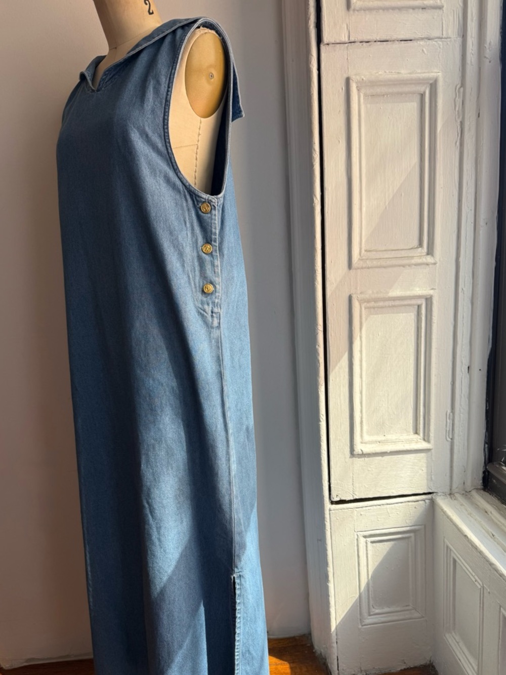 Vintage Denim Cotton Sailor Maxi Dress Large Collar Minimalist Structured - Picture 2 of 9